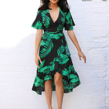Load image into Gallery viewer, Leaf Print Short Sleeve V-Neck Wrap