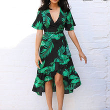 Load image into Gallery viewer, Leaf Print Short Sleeve V-Neck Wrap