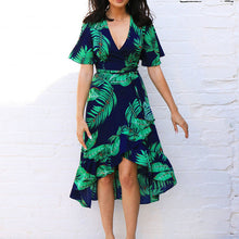 Load image into Gallery viewer, Leaf Print Short Sleeve V-Neck Wrap