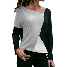 Load image into Gallery viewer, Lady's Skew Collar Patchwork Basic Tops