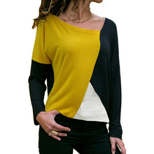Load image into Gallery viewer, Lady's Skew Collar Patchwork Basic Tops