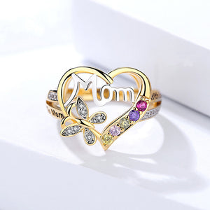 Mom Heart Butterfly Crystal Ring