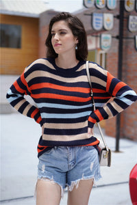 WINTER WOMEN CASUAL O-NECK STRIPED PATCHWORK SWEATER