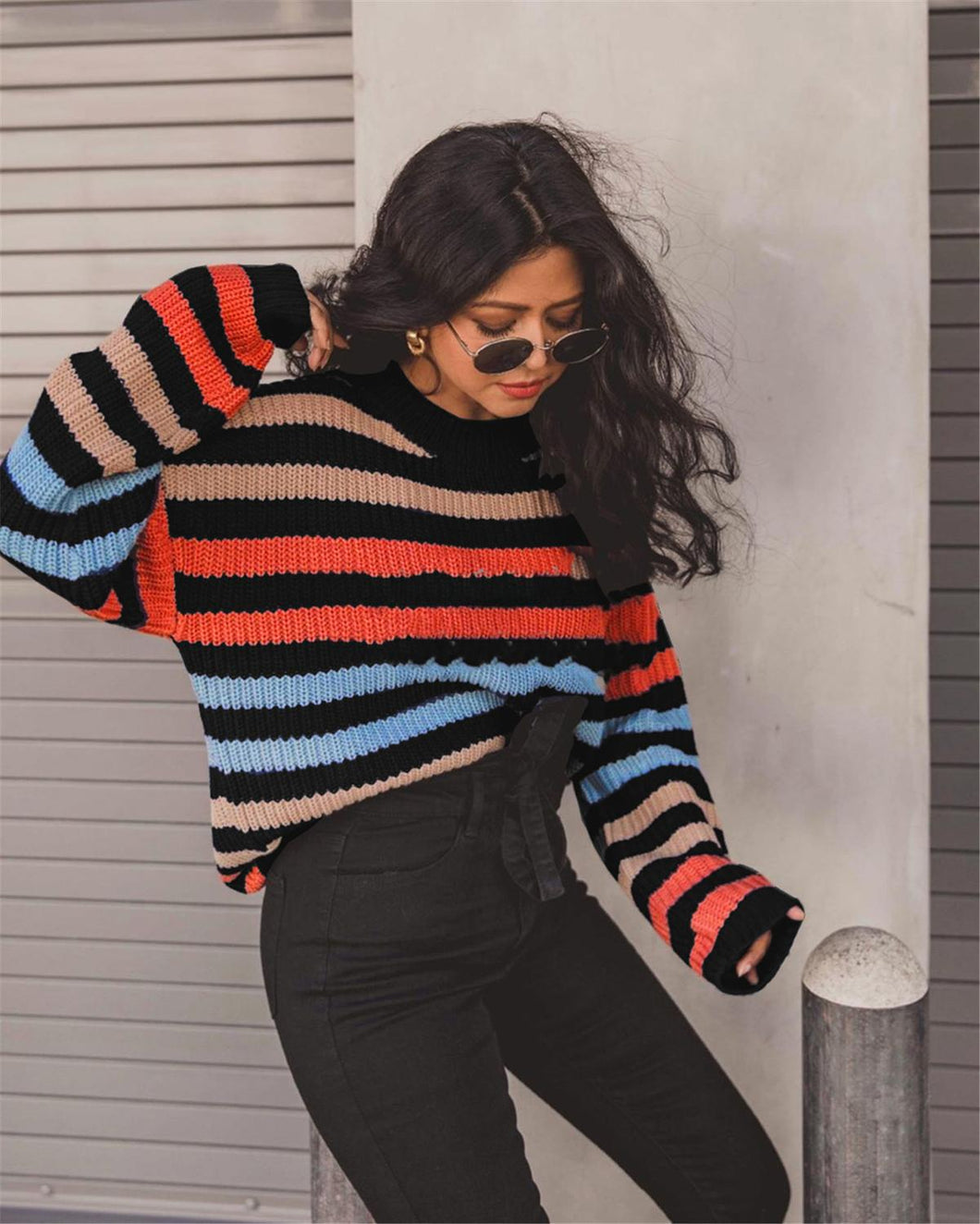 WINTER WOMEN CASUAL O-NECK STRIPED PATCHWORK SWEATER