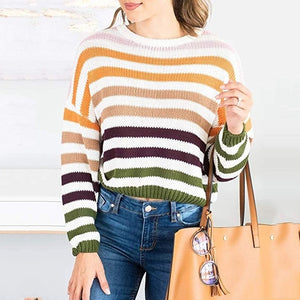 Winter Women Casual O-Neck Striped Patchwork Sweater