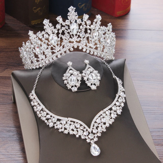 Water Drop Crystal Tiaras Crown Necklace Earrings Set