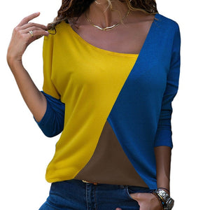Lady's Skew Collar Patchwork Basic Tops