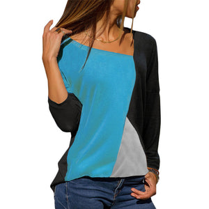 Lady's Skew Collar Patchwork Basic Tops