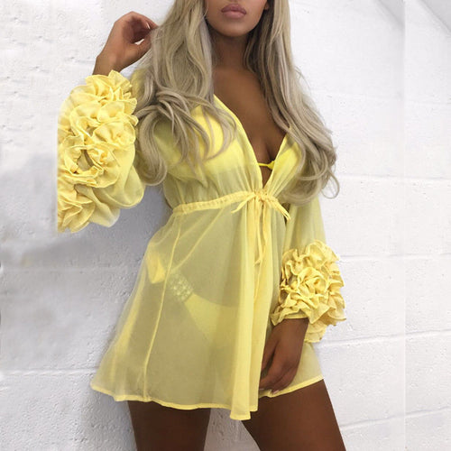 Long Sleeve Ruffles Bikini Cover Up